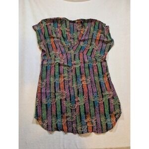 Lux. Striped Floral V Neck Tunic Dress Women Size L Made in India‎ Viscose
